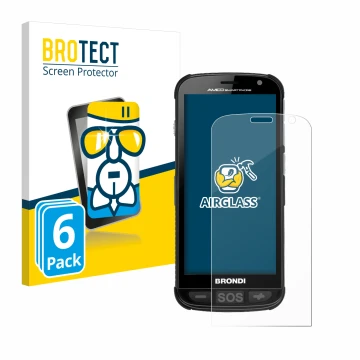 Parte frontal de un envase de producto con el logotipo de la marca BROTECT. Al lado se muestra el dispositivo Brondi Amico con