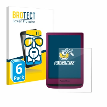 Parte frontal de un envase de producto con el logotipo de la marca BROTECT. Al lado se muestra el dispositivo PocketBook Touch