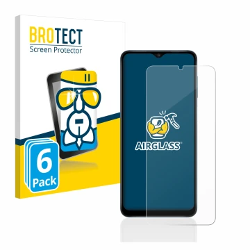 Parte frontal de un envase de producto con el logotipo de la marca BROTECT. Al lado se muestra el dispositivo Samsung Galaxy A