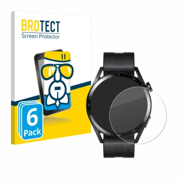 Parte frontal de un envase de producto con el logotipo de la marca BROTECT. Al lado se muestra el dispositivo Huawei Watch GT 