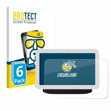 Parte frontal de un envase de producto con el logotipo de la marca BROTECT. Al lado se muestra el dispositivo Google Nest Hub 