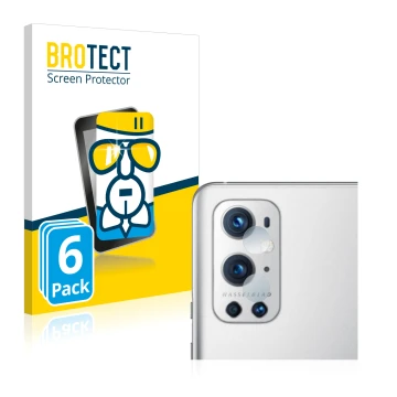 Parte frontal de un envase de producto con el logotipo de la marca BROTECT. Al lado se muestra el dispositivo OnePlus 9 Pro (S