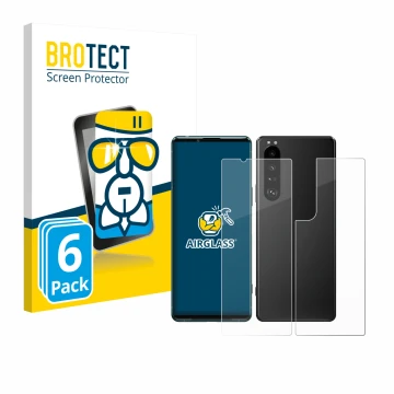 Parte frontal de un envase de producto con el logotipo de la marca BROTECT. Al lado se muestra el dispositivo Sony Xperia 5 II