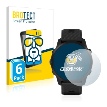 Parte frontal de un envase de producto con el logotipo de la marca BROTECT. Al lado se muestra el dispositivo Garmin Forerunne