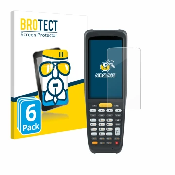 Parte frontal de un envase de producto con el logotipo de la marca BROTECT. Al lado se muestra el dispositivo Zebra MC2200 con