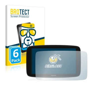 Parte frontal de un envase de producto con el logotipo de la marca BROTECT. Al lado se muestra el dispositivo TomTom Go Expert