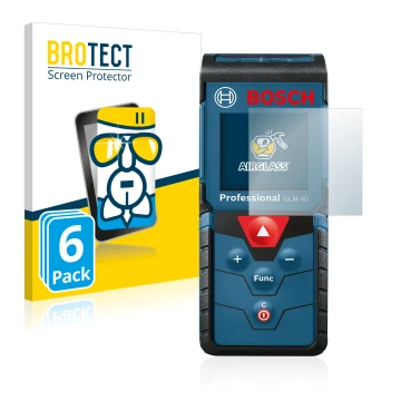 Parte frontal de un envase de producto con el logotipo de la marca BROTECT. Al lado se muestra el dispositivo Bosch GLM 40 Pro