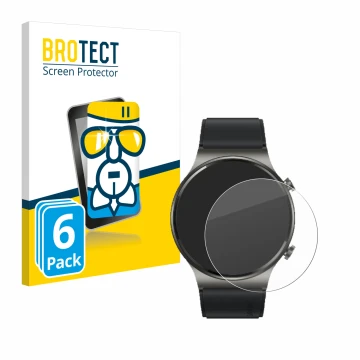 Parte frontal de un envase de producto con el logotipo de la marca BROTECT. Al lado se muestra el dispositivo Huawei Watch GT 