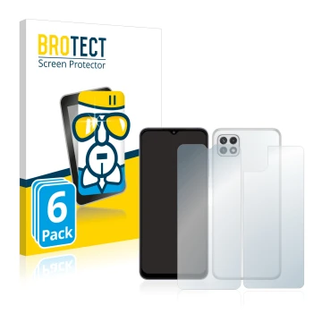 Parte frontal de un envase de producto con el logotipo de la marca BROTECT. Al lado se muestra el dispositivo Samsung Galaxy A