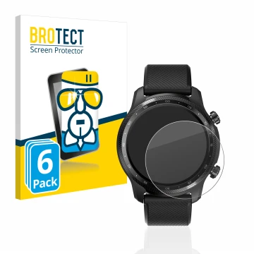 Parte frontal de un envase de producto con el logotipo de la marca BROTECT. Al lado se muestra el dispositivo Mobvoi Ticwatch 