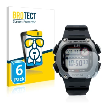 Parte frontal de un envase de producto con el logotipo de la marca BROTECT. Al lado se muestra el dispositivo Casio DW-291H co