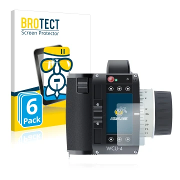 Parte frontal de un envase de producto con el logotipo de la marca BROTECT. Al lado se muestra el dispositivo Arri WCU-4 con s
