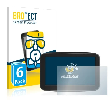 Parte frontal de un envase de producto con el logotipo de la marca BROTECT. Al lado se muestra el dispositivo TomTom GO Classi