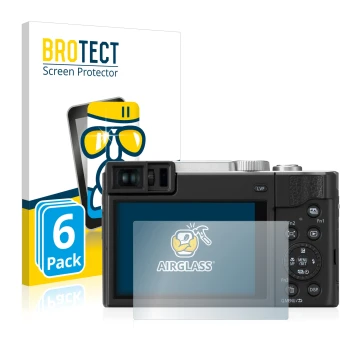 Parte frontal de un envase de producto con el logotipo de la marca BROTECT. Al lado se muestra el dispositivo Panasonic Lumix 