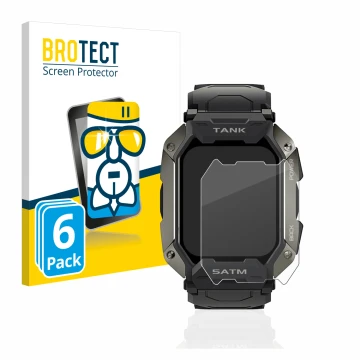 Parte frontal de un envase de producto con el logotipo de la marca BROTECT. Al lado se muestra el dispositivo Kospet Tank M1 c