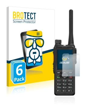 Parte frontal de un envase de producto con el logotipo de la marca BROTECT. Al lado se muestra el dispositivo Hytera HP785 con