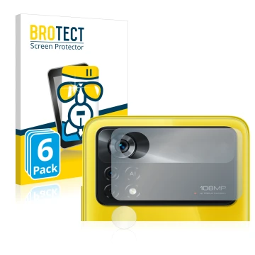 Parte frontal de un envase de producto con el logotipo de la marca BROTECT. Al lado se muestra el dispositivo Xiaomi Poco X4 P