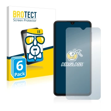 Parte frontal de un envase de producto con el logotipo de la marca BROTECT. Al lado se muestra el dispositivo Samsung Galaxy A