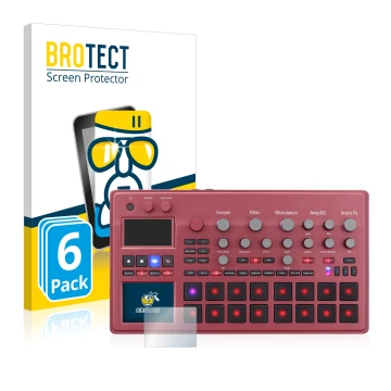 Parte frontal de un envase de producto con el logotipo de la marca BROTECT. Al lado se muestra el dispositivo KORG electribe S