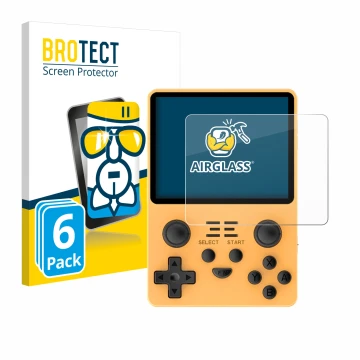 Parte frontal de un envase de producto con el logotipo de la marca BROTECT. Al lado se muestra el dispositivo Powkiddy RGB20S 