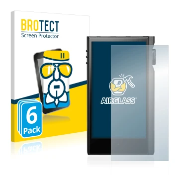 Parte frontal de un envase de producto con el logotipo de la marca BROTECT. Al lado se muestra el dispositivo Astell&Kern Kann