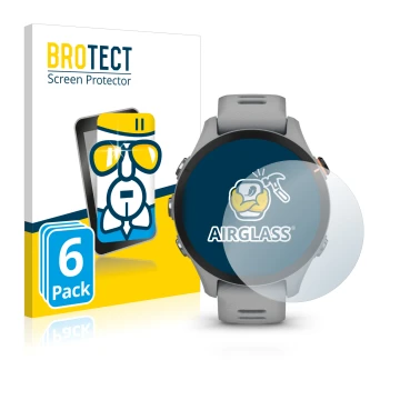 Parte frontal de un envase de producto con el logotipo de la marca BROTECT. Al lado se muestra el dispositivo Garmin Forerunne