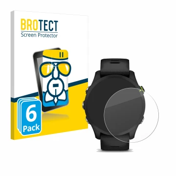 Parte frontal de un envase de producto con el logotipo de la marca BROTECT. Al lado se muestra el dispositivo Garmin Forerunne