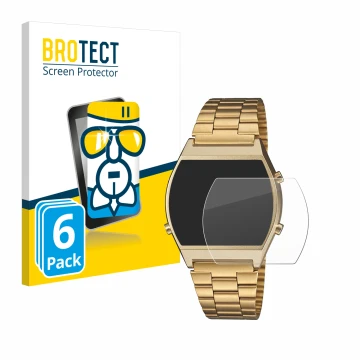 Parte frontal de un envase de producto con el logotipo de la marca BROTECT. Al lado se muestra el dispositivo Casio Retro B640