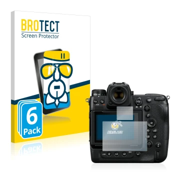 Parte frontal de un envase de producto con el logotipo de la marca BROTECT. Al lado se muestra el dispositivo Nikon Z 9 (Panta
