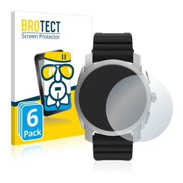 Parte frontal de un envase de producto con el logotipo de la marca BROTECT. Al lado se muestra el dispositivo Fossil Gen 6 Hyb