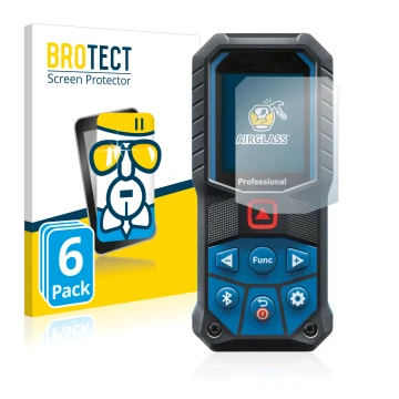 Parte frontal de un envase de producto con el logotipo de la marca BROTECT. Al lado se muestra el dispositivo Bosch GLM 50-27 