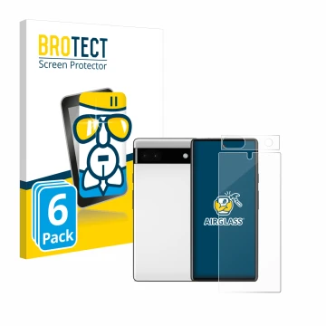 Parte frontal de un envase de producto con el logotipo de la marca BROTECT. Al lado se muestra el dispositivo Google Pixel 6a 