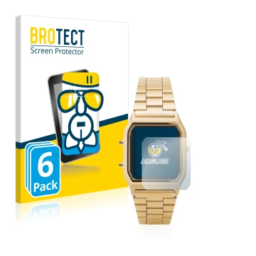Parte frontal de un envase de producto con el logotipo de la marca BROTECT. Al lado se muestra el dispositivo Casio AQ-230GA c