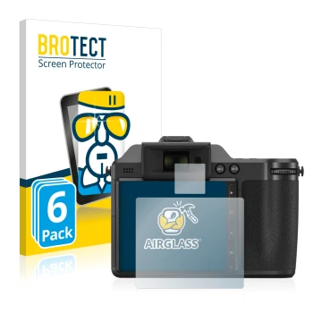 Parte frontal de un envase de producto con el logotipo de la marca BROTECT. Al lado se muestra el dispositivo Hasselblad X2D 1