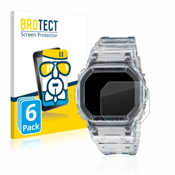 Parte frontal de un envase de producto con el logotipo de la marca BROTECT. Al lado se muestra el dispositivo Casio G-Shock DW