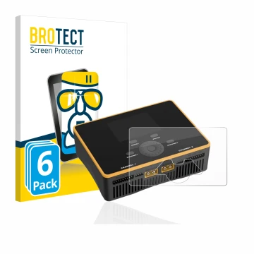 Parte frontal de un envase de producto con el logotipo de la marca BROTECT. Al lado se muestra el dispositivo Junsi iCharger D