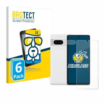 Parte frontal de un envase de producto con el logotipo de la marca BROTECT. Al lado se muestra el dispositivo Google Pixel 7 (