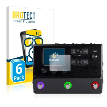 Parte frontal de un envase de producto con el logotipo de la marca BROTECT. Al lado se muestra el dispositivo Line 6 hx stomp 