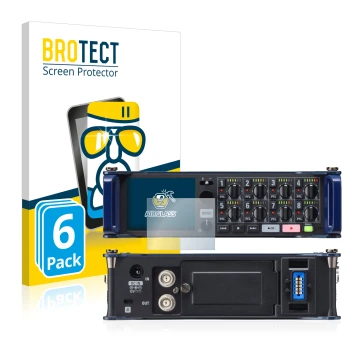 Parte frontal de un envase de producto con el logotipo de la marca BROTECT. Al lado se muestra el dispositivo Zoom F8 field re