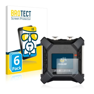 Parte frontal de un envase de producto con el logotipo de la marca BROTECT. Al lado se muestra el dispositivo Zoom F3 field re