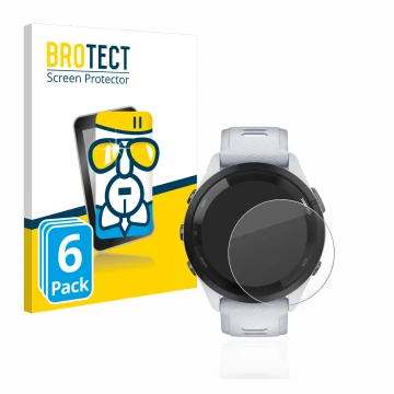 Parte frontal de un envase de producto con el logotipo de la marca BROTECT. Al lado se muestra el dispositivo Garmin Forerunne