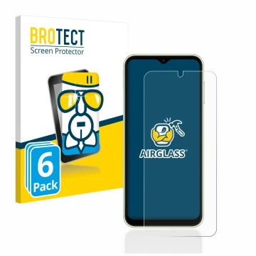 Parte frontal de un envase de producto con el logotipo de la marca BROTECT. Al lado se muestra el dispositivo Samsung Galaxy A