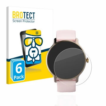 Parte frontal de un envase de producto con el logotipo de la marca BROTECT. Al lado se muestra el dispositivo Hama Fit Watch 4