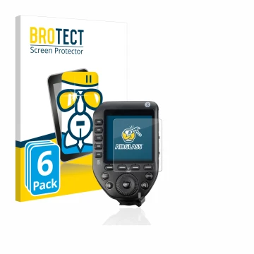 Parte frontal de un envase de producto con el logotipo de la marca BROTECT. Al lado se muestra el dispositivo Godox XPro II co