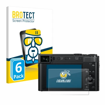Parte frontal de un envase de producto con el logotipo de la marca BROTECT. Al lado se muestra el dispositivo Panasonic Lumix 