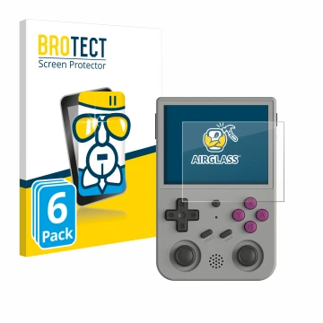 Parte frontal de un envase de producto con el logotipo de la marca BROTECT. Al lado se muestra el dispositivo Anbernic RG353V 