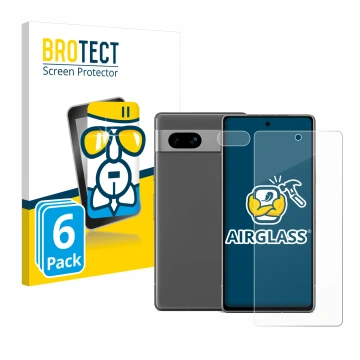 Parte frontal de un envase de producto con el logotipo de la marca BROTECT. Al lado se muestra el dispositivo Google Pixel 7a 