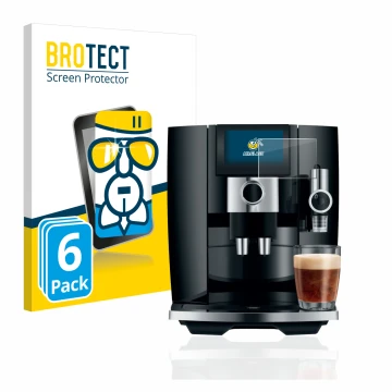 Parte frontal de un envase de producto con el logotipo de la marca BROTECT. Al lado se muestra el dispositivo Jura J8 con su p