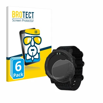 Parte frontal de un envase de producto con el logotipo de la marca BROTECT. Al lado se muestra el dispositivo Suunto Core Alph