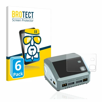 Parte frontal de un envase de producto con el logotipo de la marca BROTECT. Al lado se muestra el dispositivo SkyRc D200 neo c